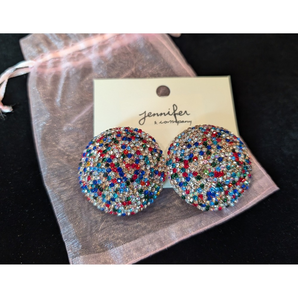 Rhinestone Clip-On Dome Earrings Multicolor Jennifer And Company Colorful NEW